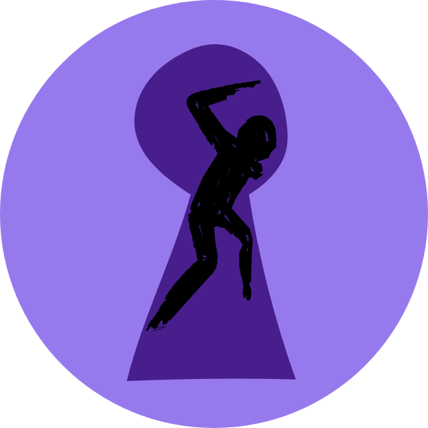 Icon with graphic of an angry shadowy figure through a keyhole.